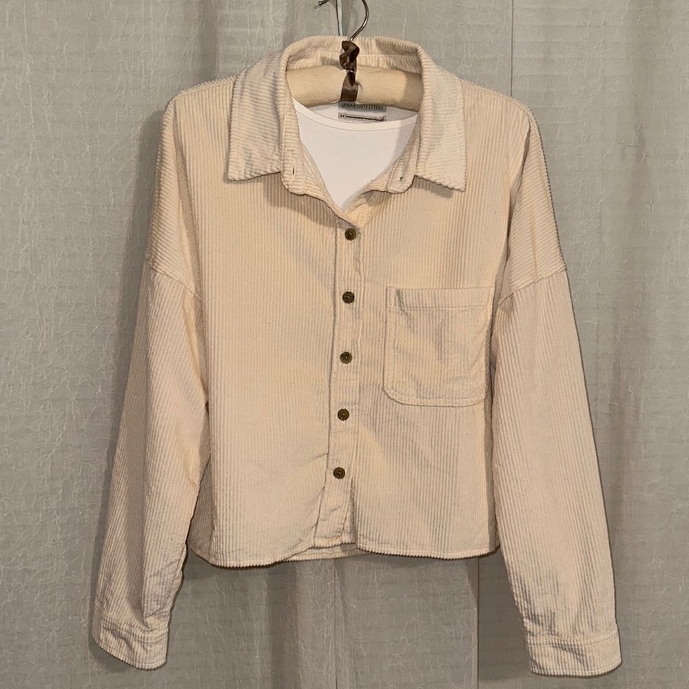 AE S Ivory Corduroy Oversized Crop Shacket